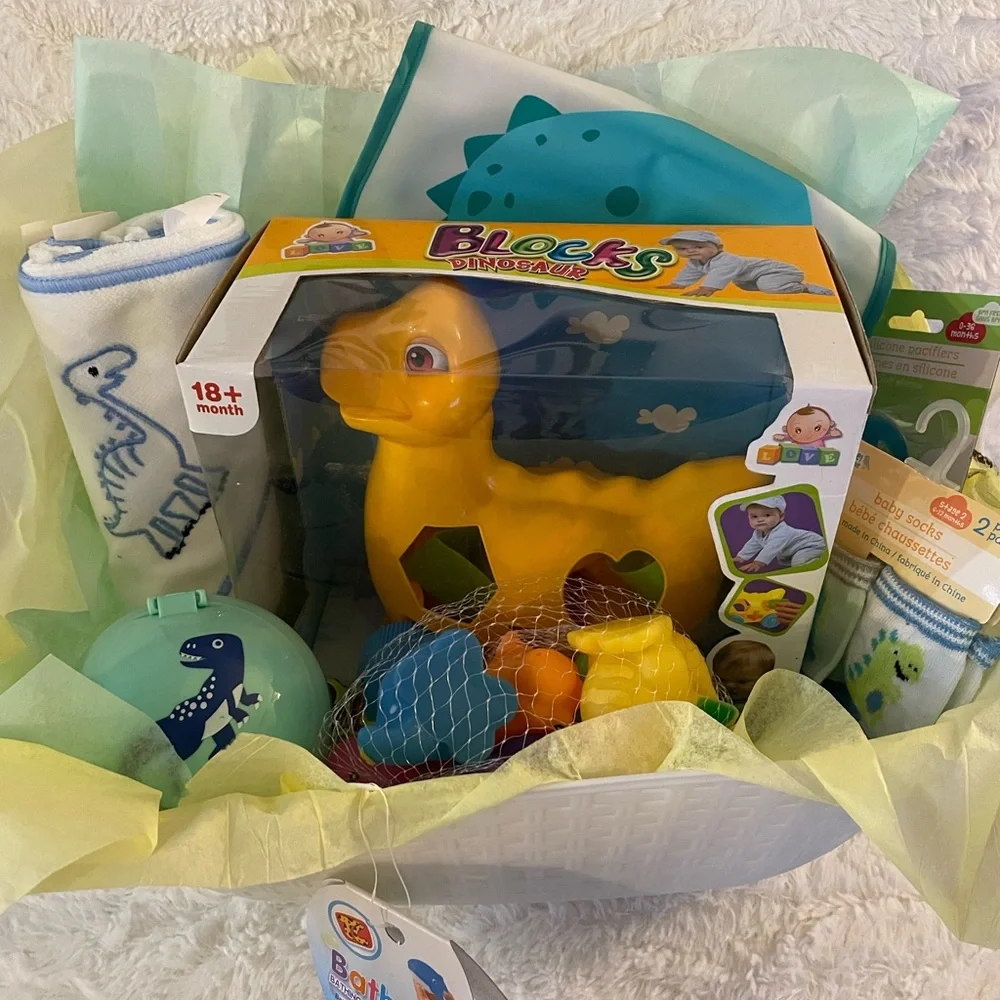 Dinosaur Themed Baby Shower Gift Basket or 6 Month Old Gift Set - Picture 1 of 5